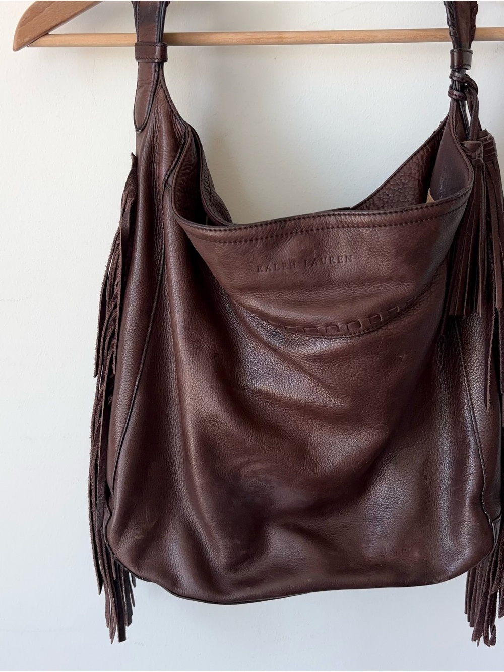 Ralph Lauren Collection Leather Fringe Shoulder Hobo Bag Dark Chocolate Brown - Picture 2 of 16